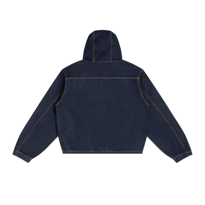 Men's Boxy Vintage Wash Hooded Denim Full Zip Jacket in jeans blue, alternate angle