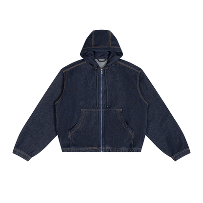 Men's Boxy Vintage Wash Hooded Denim Full Zip Jacket in jeans blue