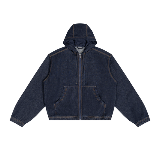 Men's Boxy Vintage Wash Hooded Denim Full Zip Jacket in jeans blue