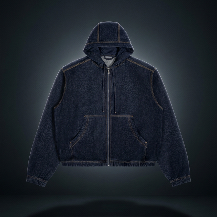 Men's Boxy Vintage Wash Hooded Denim Full Zip Jacket, view 1