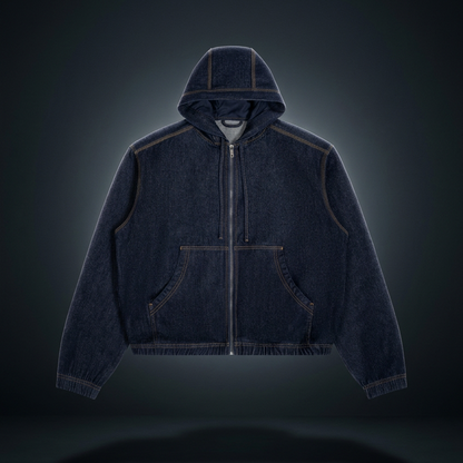 Men's Boxy Vintage Wash Hooded Denim Full Zip Jacket, view 1