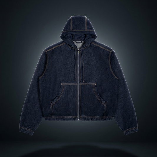 Men's Boxy Vintage Wash Hooded Denim Full Zip Jacket, view 1