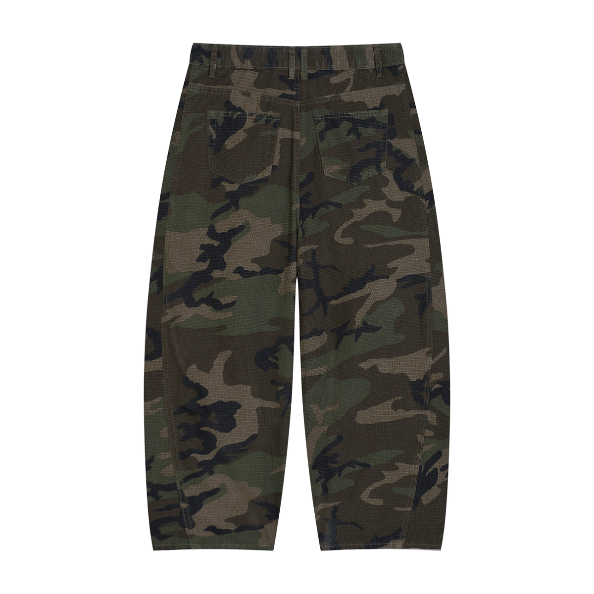 Men's Camo Barrel Leg Cargo Pants in green camo, alternate angle