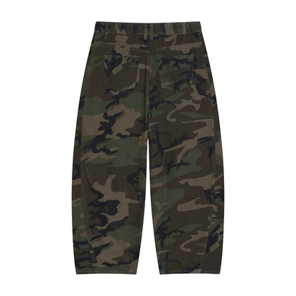 Men's Camo Barrel Leg Cargo Pants in green camo, alternate angle