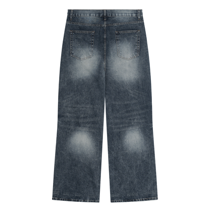 Men's Distressed Straight Leg Denim Jeans in washed blue, alternate angle
