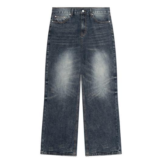 Men's Distressed Straight Leg Denim Jeans in washed blue