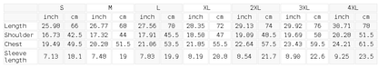 Size chart for the Men's Lightweight Training T-Shirt