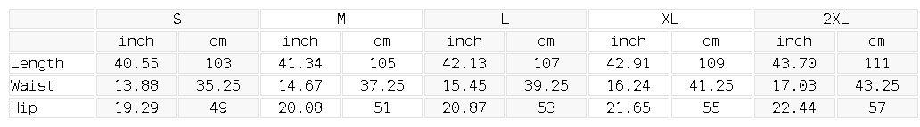 Size chart for the Men's Loose Fit Wide Leg Jeans