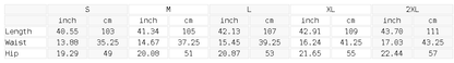 Size chart for the Men's Loose Fit Wide Leg Jeans