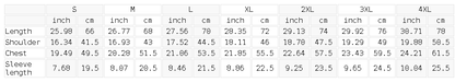 Size chart for the Men's Raglan Reflective T-Shirt