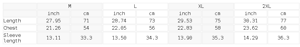 Size chart for the Men's Raglan Sleeve Performance T-Shirt
