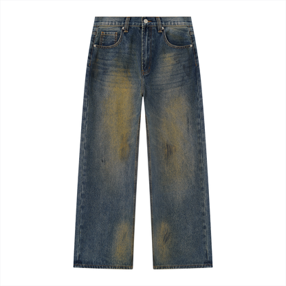 Men's Reverse Wash Whiskered Wide Leg Denim Jeans in jeans blue