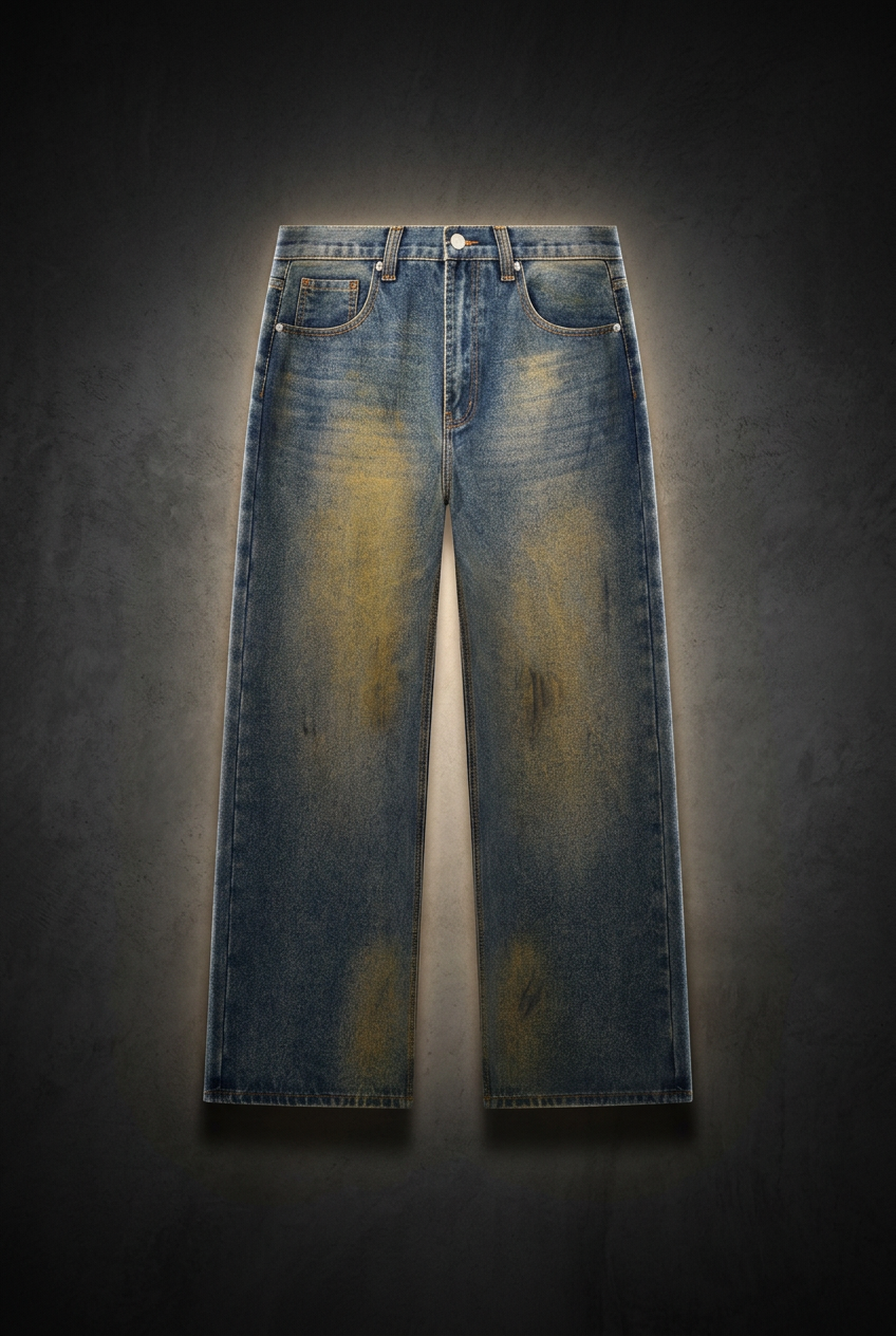 Men's Reverse Wash Whiskered Wide Leg Denim Jeans