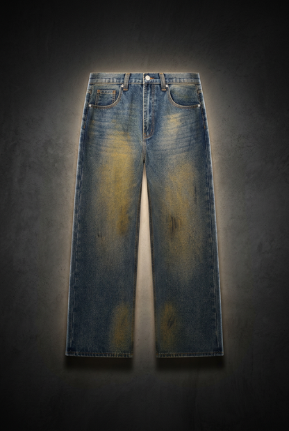 Men's Reverse Wash Whiskered Wide Leg Denim Jeans