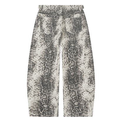 Men's Snake Print Barrel Leg Pants in white snake print, alternate angle