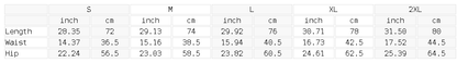 Size chart for the Men's Tree Camo Shorts