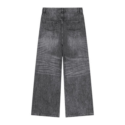 Men's Vintage Wash Pleated Wide Leg Denim Jeans in black, alternate angle