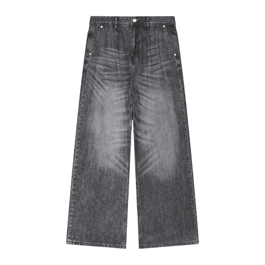 Men's Vintage Wash Pleated Wide Leg Denim Jeans in black