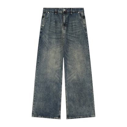 Men's Vintage Wash Pleated Wide Leg Denim Jeans in jeans blue