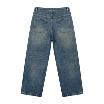 Men's Vintage Wash Studded Straight Leg Denim Jeans in jeans blue, alternate angle