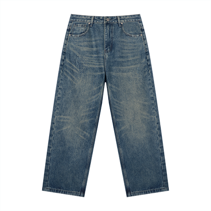 Men's Vintage Wash Studded Straight Leg Denim Jeans in jeans blue
