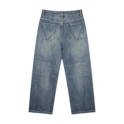 Men's Whiskered Vintage Wash Straight Leg Denim Jeans in jeans blue, alternate angle