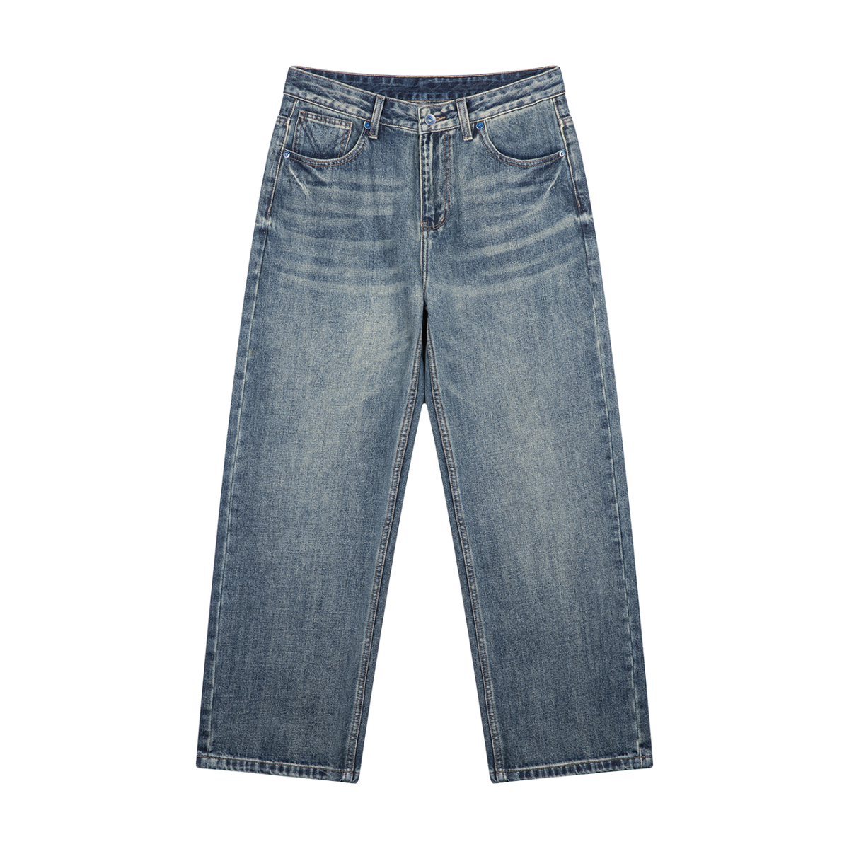 Men's Whiskered Vintage Wash Straight Leg Denim Jeans in jeans blue