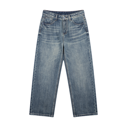 Men's Whiskered Vintage Wash Straight Leg Denim Jeans in jeans blue