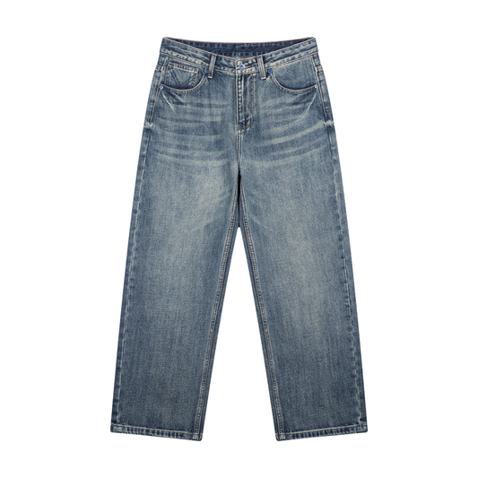 Men's Whiskered Vintage Wash Straight Leg Denim Jeans in jeans blue