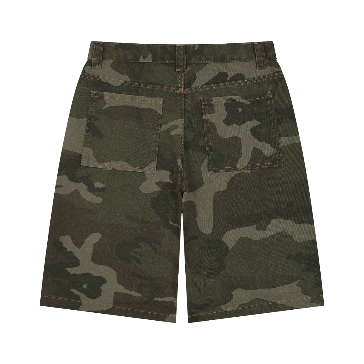 Men's Wide Leg Camo Shorts in green camo, alternate angle