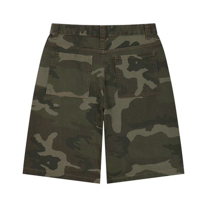 Men's Wide Leg Camo Shorts in green camo, alternate angle