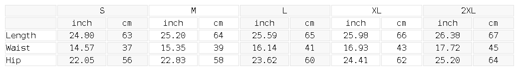 Size chart for the Men's Wide Leg Camo Shorts