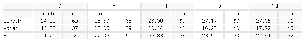 Size chart for the Men's Wide Leg Denim Shorts