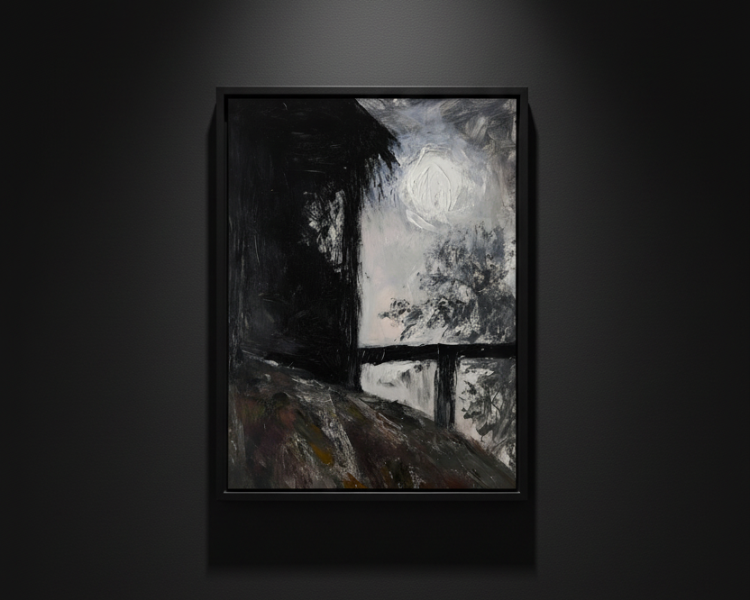 An abstract landscape painting featuring a dark, shadowy structure on the left, a bright white circular form resembling a moon or sun in the sky, and a dark railing over a textured ground, presented on a white background.