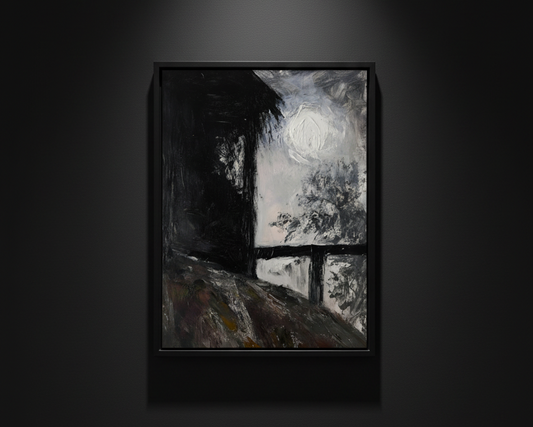 An abstract landscape painting featuring a dark, shadowy structure on the left, a bright white circular form resembling a moon or sun in the sky, and a dark railing over a textured ground, presented on a white background.