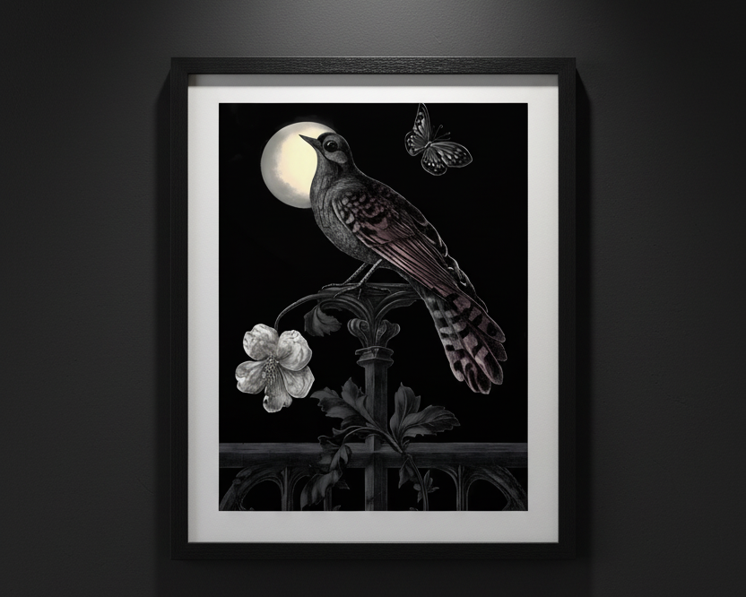 A gothic-style art print featuring a dark bird perched on a fence post under a full moon, with a butterfly and a white flower in a black background.