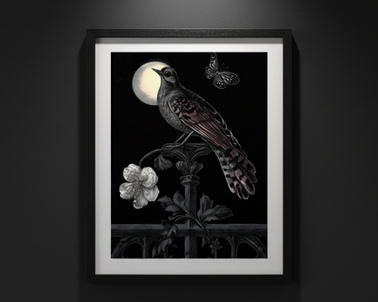 A gothic-style art print featuring a dark bird perched on a fence post under a full moon, with a butterfly and a white flower in a black background.