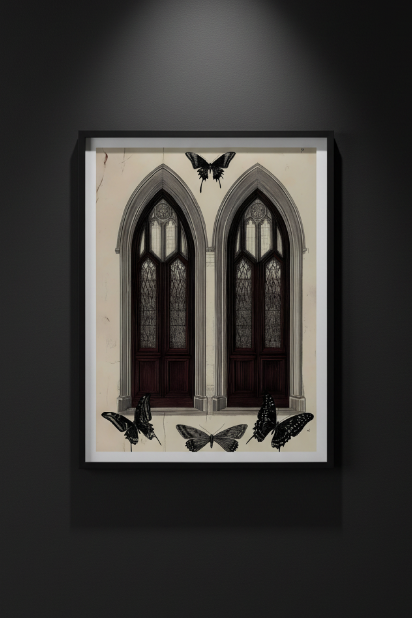 Moths at the Window | Gothic Architecture Fine Art Paper Print artwork image