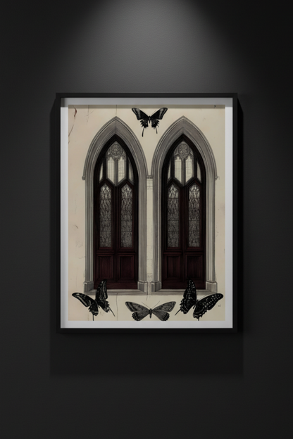 Moths at the Window | Gothic Architecture Fine Art Paper Print artwork image