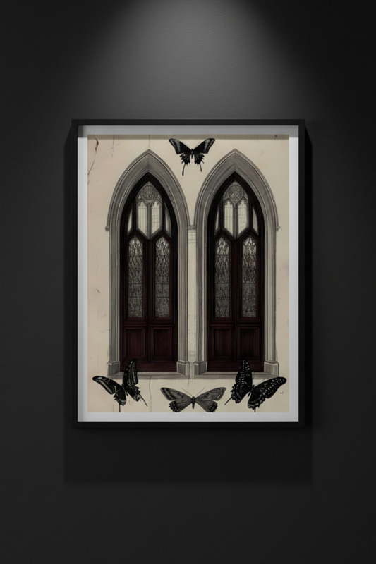 Moths at the Window | Gothic Architecture Fine Art Paper Print artwork image