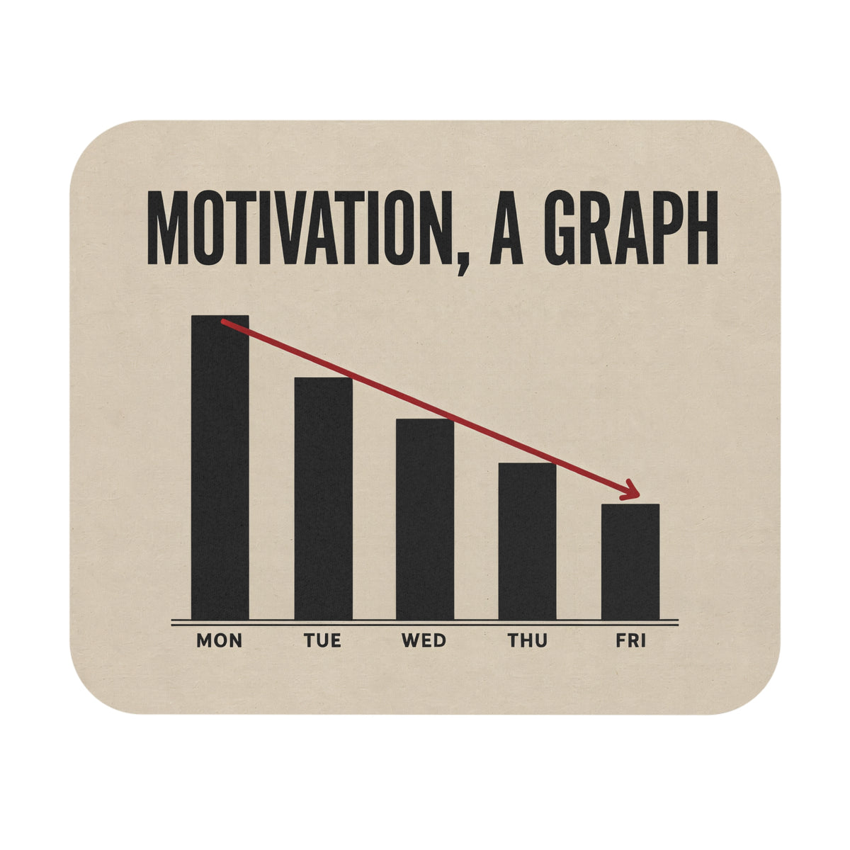 Funny motivation graph mouse pad with bars dropping from Monday to Friday, flat front view