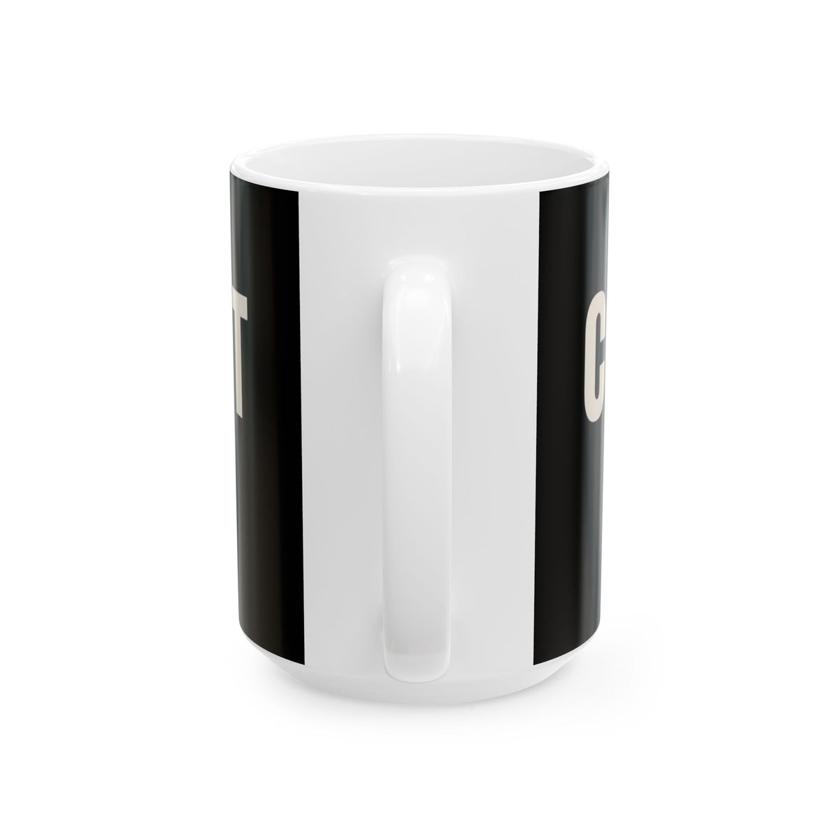 Funny coffee mug printed with "MY MONEY HAS COMMITMENT ISSUES", 15 oz size, back view showing the handle
