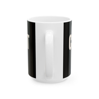 Funny coffee mug printed with "MY MONEY HAS COMMITMENT ISSUES", 15 oz size, back view showing the handle