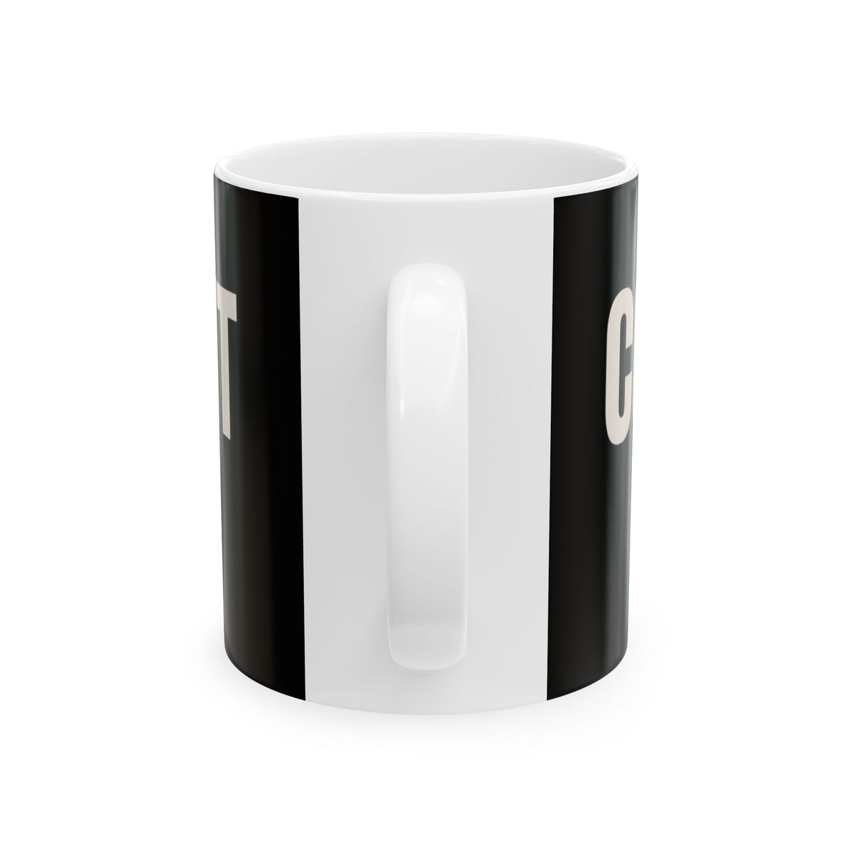 Funny coffee mug printed with "MY MONEY HAS COMMITMENT ISSUES", back view showing the handle