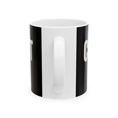 Funny coffee mug printed with "MY MONEY HAS COMMITMENT ISSUES", back view showing the handle