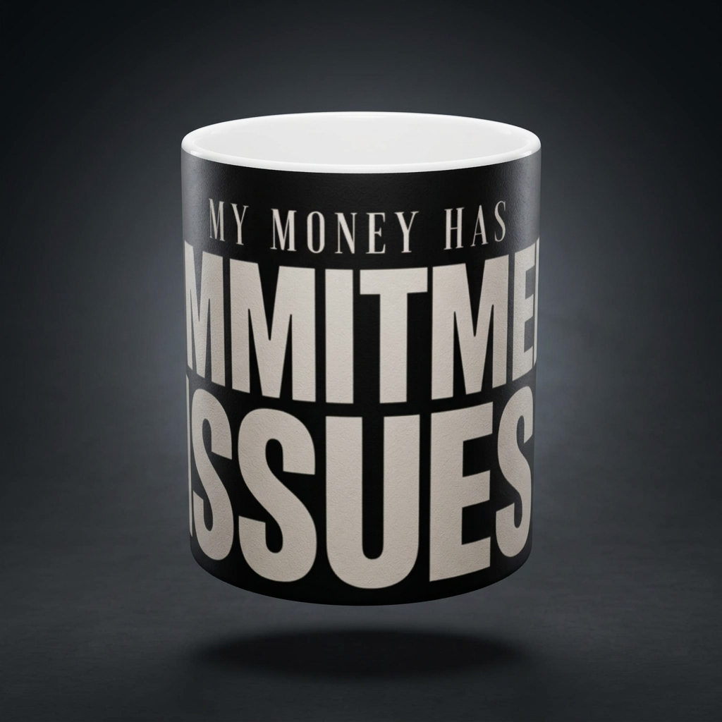 Funny coffee mug printed with "MY MONEY HAS COMMITMENT ISSUES", shown on a dark studio background