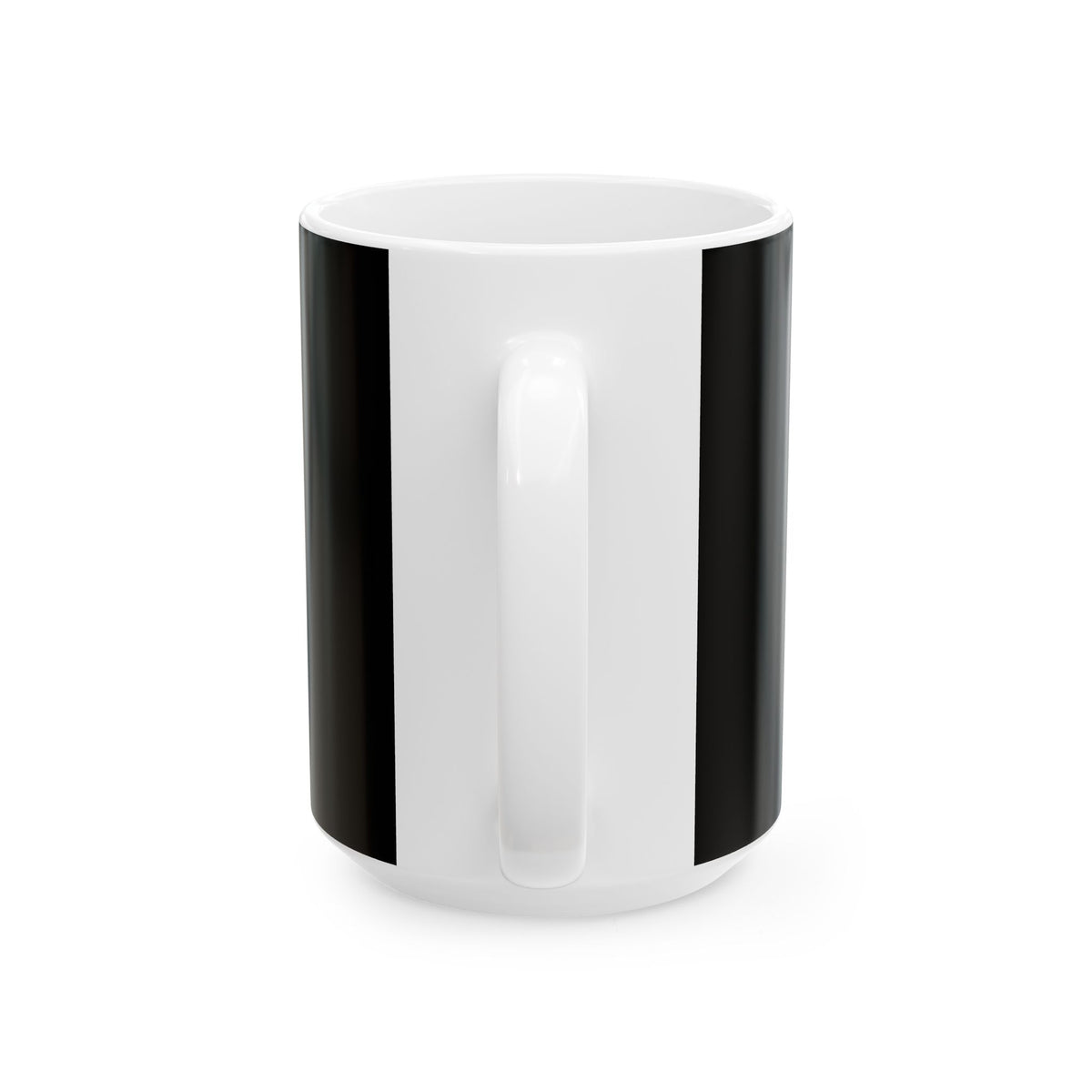 Funny coffee mug printed with "MY OPINION OF YOU DEPENDS ON THIS CUP", 15 oz size, back view showing the handle