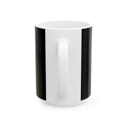 Funny coffee mug printed with "MY OPINION OF YOU DEPENDS ON THIS CUP", 15 oz size, back view showing the handle