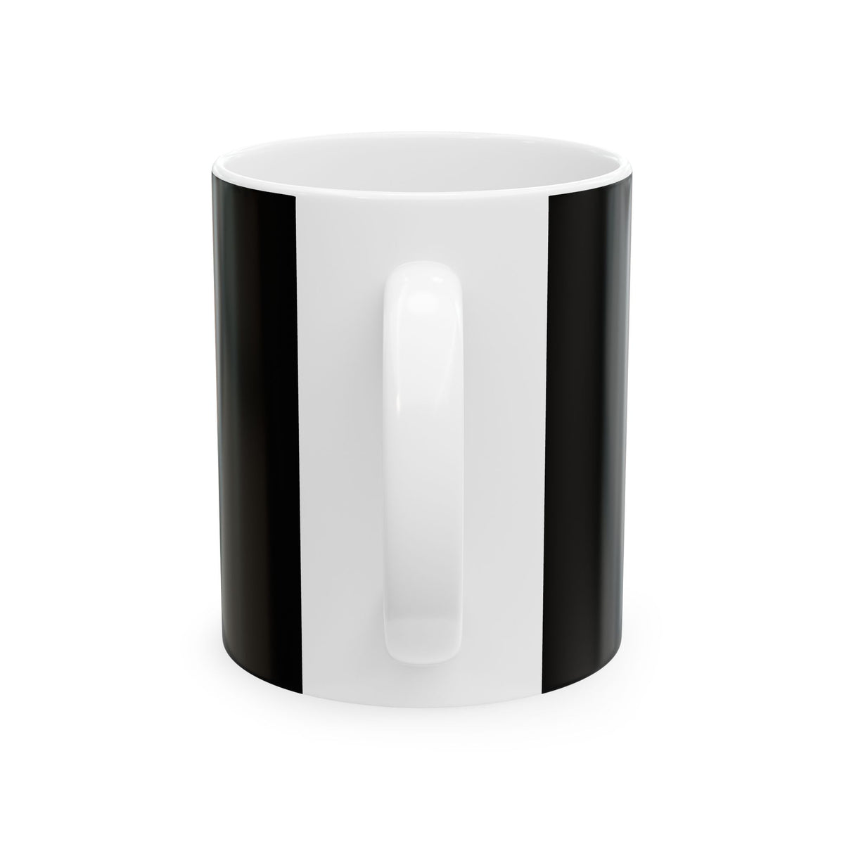 Funny coffee mug printed with "MY OPINION OF YOU DEPENDS ON THIS CUP", back view showing the handle