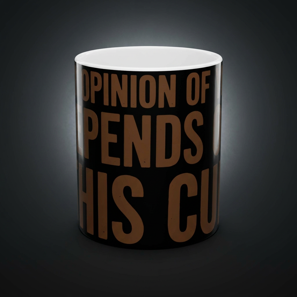 Funny coffee mug printed with "MY OPINION OF YOU DEPENDS ON THIS CUP", shown on a dark studio background
